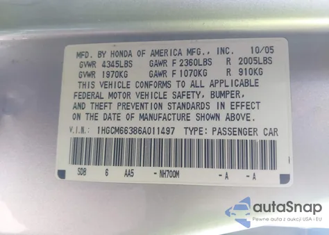2006 Honda Accord 3.0 Lx from USA, damaged, VIN 1HGCM66386A011497